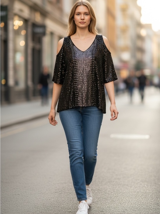 Parker Tops - Parker Black Sequin Cold-Shoulder V-Neck Top